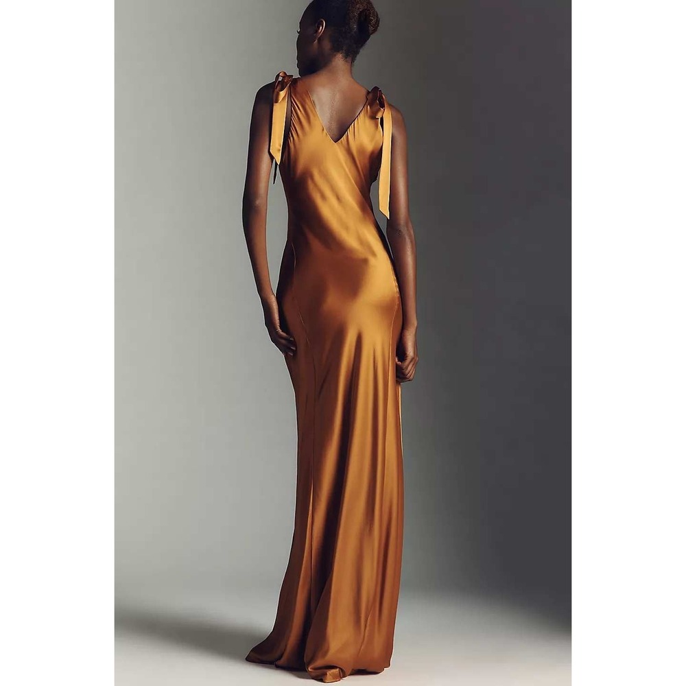 Reformation Pernille‎ Tie-Strap Silk Maxi Dress Bronze Gold V-Neck Gown Medium - Picture 9 of 10
